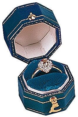 Leatherette Paper Covered  Octagon Shaped Single Ring Box with Gold Detailing, Delicate Gold Clasps, and Plush Velvet Inserts