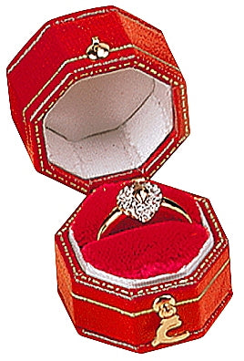 Leatherette Paper Covered  Octagon Shaped Single Ring Box with Gold Detailing, Delicate Gold Clasps, and Plush Velvet Inserts