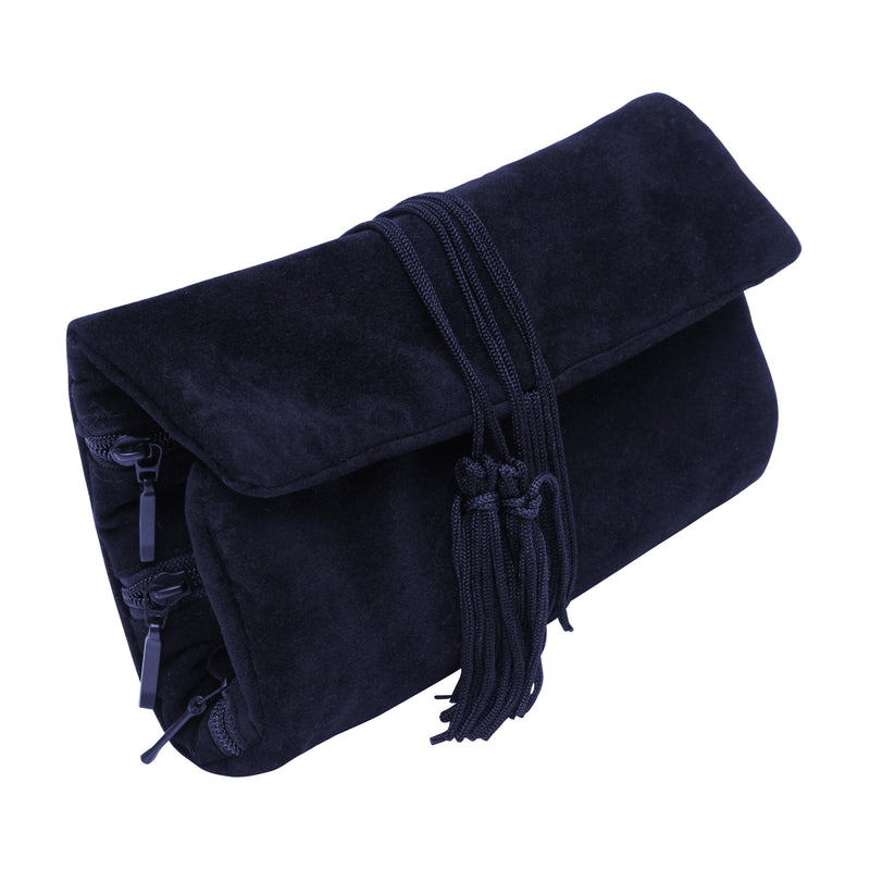 Navy Blue Suede Pouch with Multiple Zippered Compartments