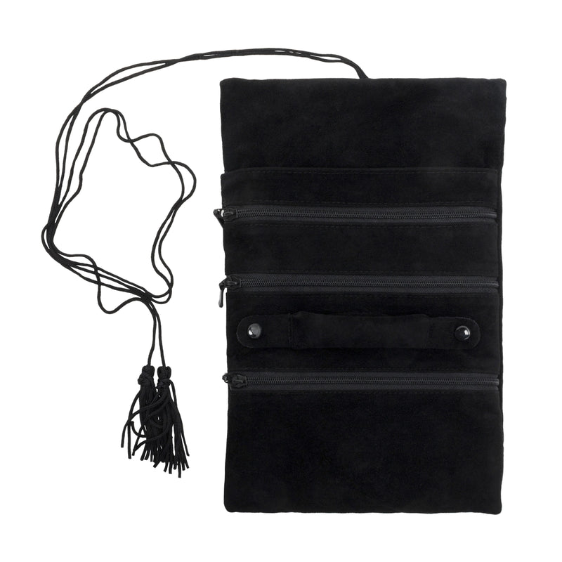 Black Suede Pouch with Multiple Zippered Compartments